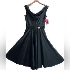 Women’s M Unique Vintage Retro Black Flare Cowl Neck Belted Dress